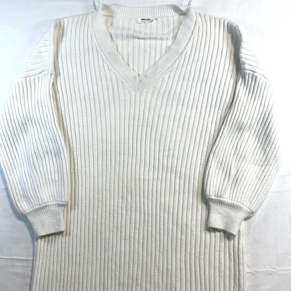 Cream Ribbed V Neck Long Sleeve Sweater‎ Dress Midi Length Sz 16 Cozy Minimalist